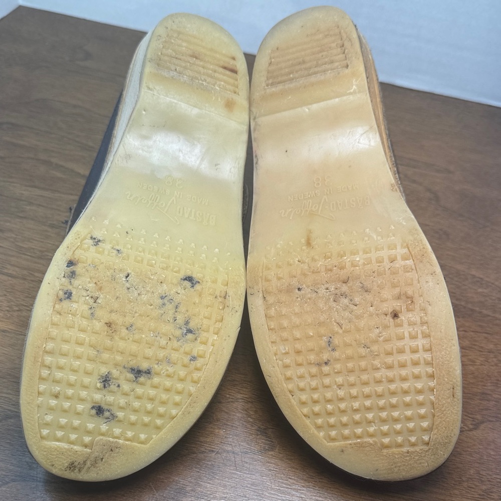 Vintage 70s Womens Bastad Toffeln Wooden Navy Blue Leather Buckle Clogs, sz 38 - Picture 11 of 14